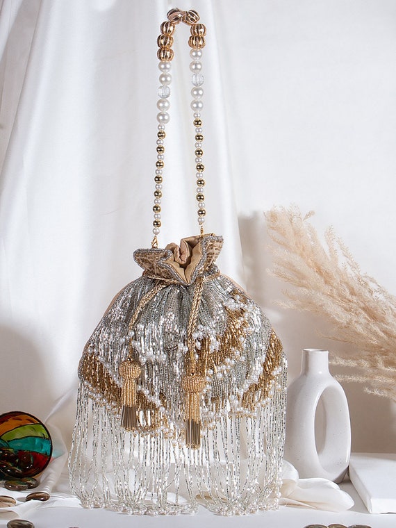 Silver Bridal Potli Bag Designer Heavy Beaded Embroidered Handmade