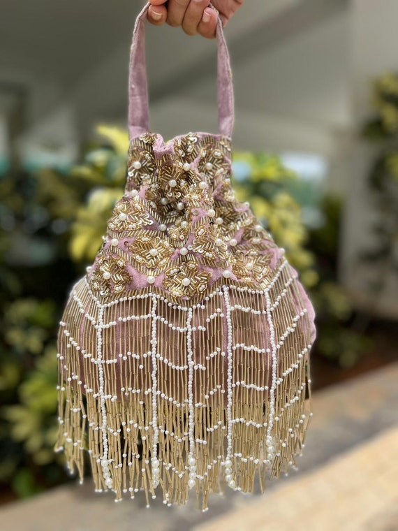 Gold Beaded Satchel Bag With Drawstring Inner Pouch