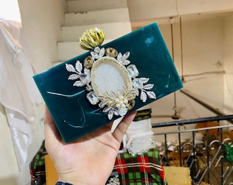 Bridal Resin Clutch for Women, Indian Clutch with embellishments, Hand Clutch for wedding party gift and bridesmaid heavy stone work