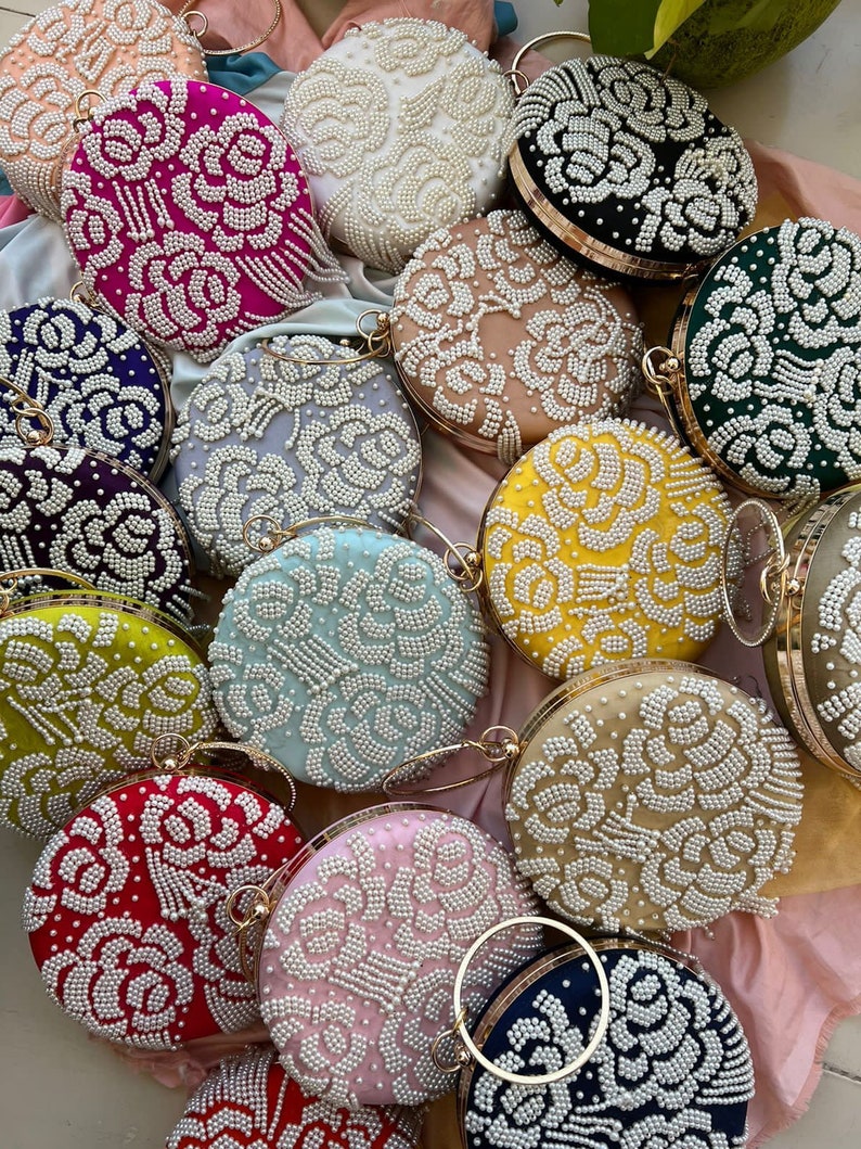 Designer Clutches Golden Embroidery Bag, Classy Pearl Work Clutch With Pearl Latkans and Bangle