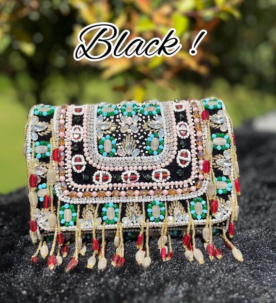 Buy Black Bridal Clutch Bag Designer Heavy Beaded Embroidered