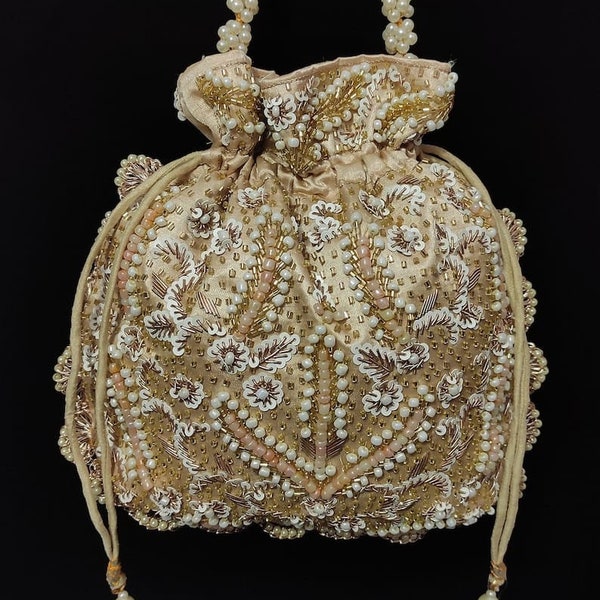 bridal multi color motif white sequin beaded embellish beige silk drawstring bag | handmade traditional india potli bag wedding favor