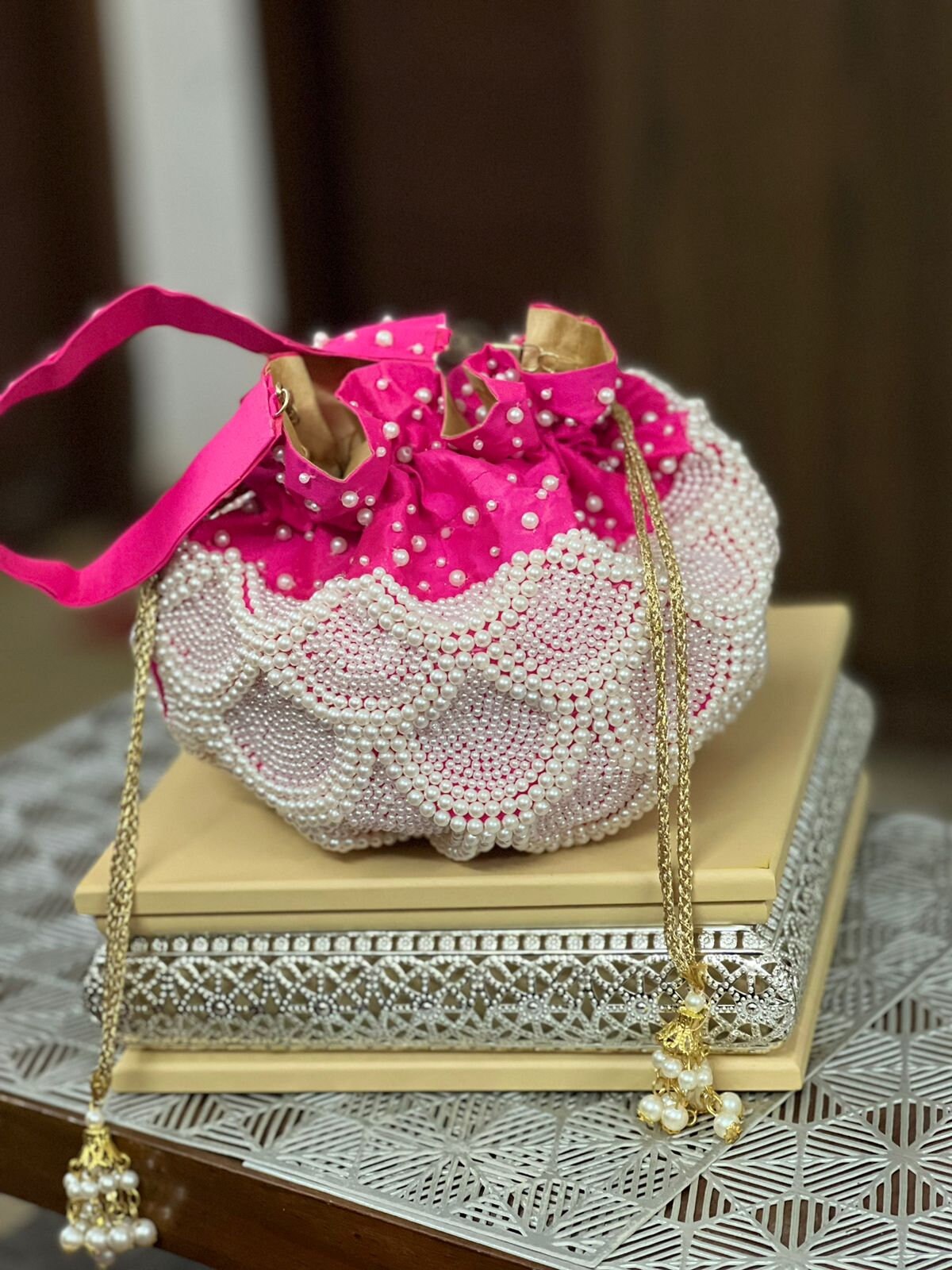 Truesellershop Indian Ethnic Designer Embroidered Silk Potli Bag Batwa  Pearls Handle Purse Clutch Purse for Women (Baby Pink): Handbags: Amazon.com
