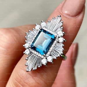 Sun Burst Halo Emerald Cut Moissanite verlovingsring, Star Burst Emerald verlovingsring, bruidsring, 10k/14k witgouden verlovingsring