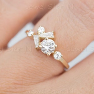 Round And Baguette Moissanite Engagement Ring, Diamond Cluster Ring, Unique Diamond Stackable Ring, Diamond Anniversary Ring, Wedding Ring.