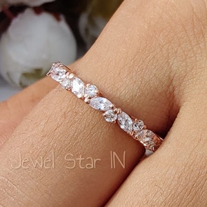 Vintage Moissanite Marquise cut Wedding Band Rose Gold engagement band Women half eternity band promise ring Gift anniversary band
