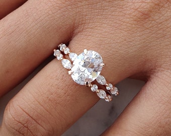 2.0 CT Oval Shape Moissanite Engagement Ring, Oval Engagement Ring Set, 14k Rose Gold Engagement Ring Set, Bridal Ring Set, Wedding Ring Set