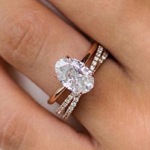 2.5 CT Oval Moissanite Engagement Ring Set, Oval Engagement Ring, 14k Rose Gold Wedding Ring Set, Anniversary Ring Set, Bridal Ring Set Gift