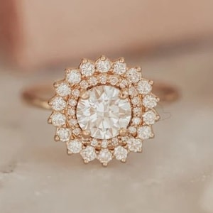 0.84 Ct Round Moissanite Engagement Ring, Round Starburst Engagement Ring, 10K/14K Rose Gold Wedding Ring, Anniversary Ring, Promise Ring.