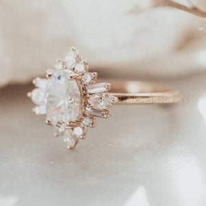 1.5 CT Oval Moissanite Engagement Ring, Starburst Oval Engagement Ring, Starburst Ring, Art Deco Ring For Her, 14K Rose Gold Engagement Ring