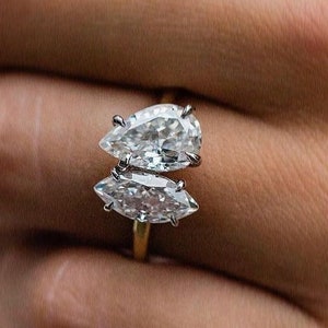 Two stone Pear And Marquise Engagement Ring, Toi Et Moi Engagement Ring,Minimalist Halo Engagement Ring, Marquise Moissanite Engagement Ring