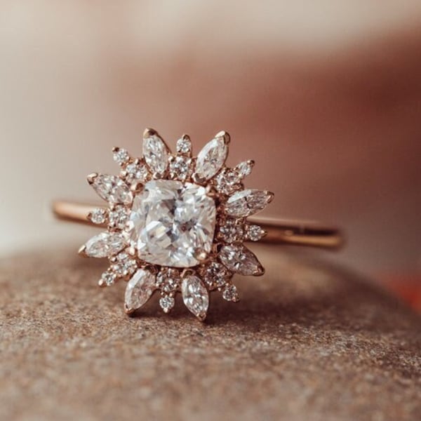 1.0 CT Cushion Moissanite Engagement Ring, Starburst Cushion Engagement Ring, Marquise and Round Starburst Diamond Halo Wedding Ring, Gift