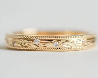 wedding band for women, Milgrain leaf engraved moissanite Engagement full eternity band, 14k gold Diamond Band,anniversary band,promise Band