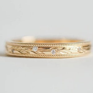 wedding band for women, Milgrain leaf engraved moissanite Engagement full eternity band, 14k gold Diamond Band,anniversary band,promise Band