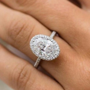 3.0 CT Oval Moissanite Engagement Ring, 14K White Gold Micro Pave Halo Ring, Promise Ring for Her, Gift Ring, Classic Oval Cut Wedding Ring
