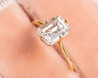 Förlovningsring med 1,75 karat smaragdmoissanit, vigselring med smaragdslipning, solitär smaragdslipad diamant, vigselring i 14 karat gult guld