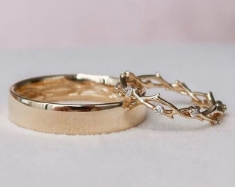 His and Hers Matching Wedding Bands, Engagement Band, Twig Matching Set, Couple wedding band, Eternity Twig Band, Couple wedding band.