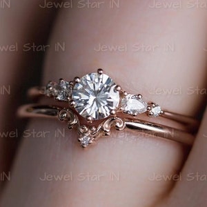 1.0 CTW Round Engagement Ring Set, Round Moissanite Engagement Ring, Bridal Round Engagement Ring Set, Wedding Ring,Art Deco Engagement Ring