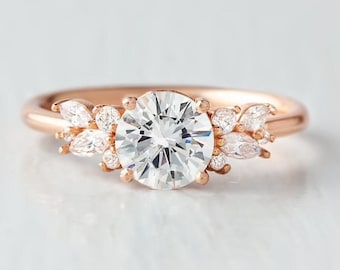 1.0 CT Round Moissanite Engagement Ring, Vintage Round Engagement Ring, Art Deco Wedding Ring, Simulated Lab Diamond Ring, Anniversary Ring