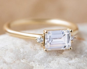1.75 CT East West Emerald Moissanite Engagement Ring, Emerald Engagement Ring, East West Ring,Gift,14K Gold Emerald Moissanite Wedding Ring