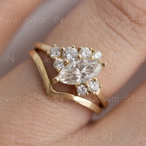 1 Ct Marquise Moissanite Engagement Ring Set, 14k Solid Gold moissanite Ring, Marquise Diamond Ring With V Shape Wedding Band, Promise Ring.
