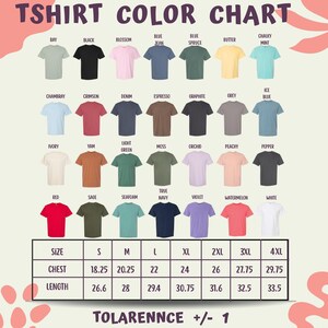 The image is a color chart displaying various t-shirt colors and sizes, along with corresponding measurements.