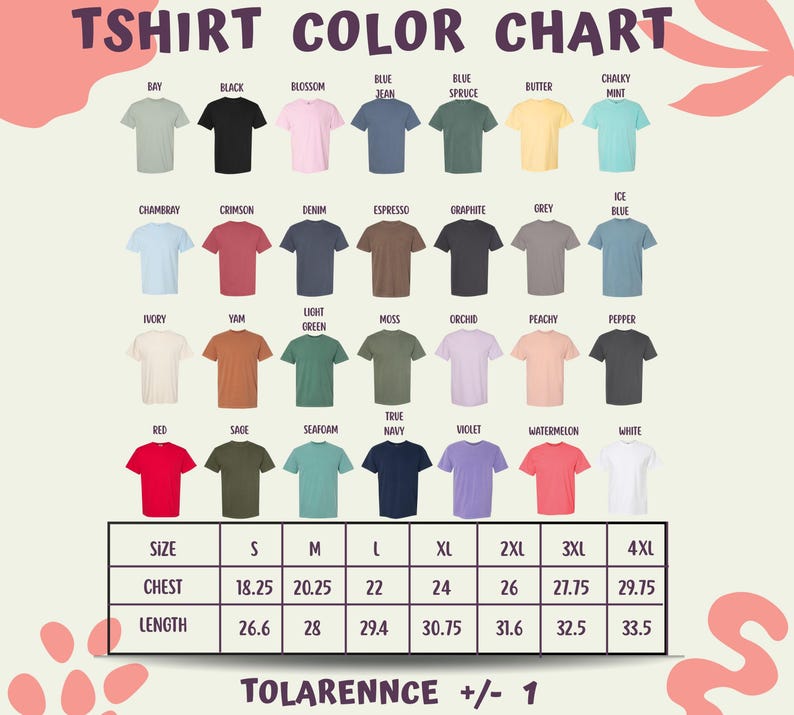 The image is a color chart displaying various t-shirt colors and sizes, along with corresponding measurements.