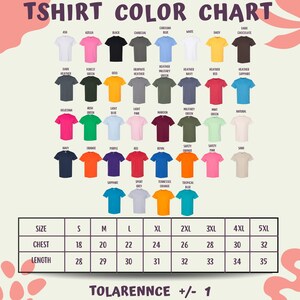 The image is a color chart for T-shirts, displaying various color options and corresponding sizes.