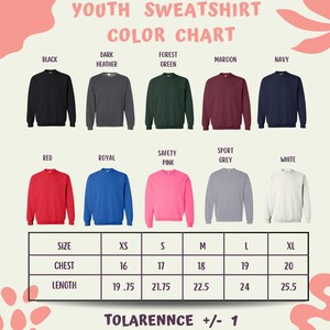 The image is a color chart for youth sweatshirts, displaying various color options and corresponding sizes.