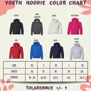 a color chart for youth hoodies, showing different color options and corresponding sizes.