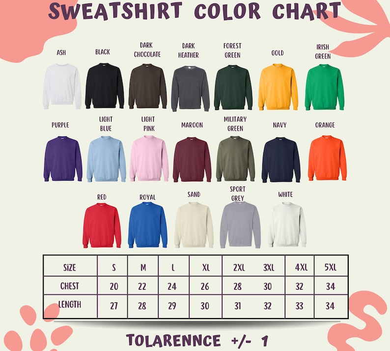 The image is a color chart for sweatshirts, displaying various color options and corresponding sizes.