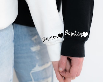 Custom Name and Heart Couples Print Sleeve Sweatshirt, Personalized Couples Gift, Couples Heart Hoodie, Anniversary Gift, Valentine's Day
