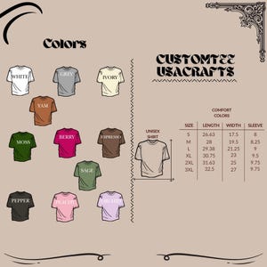 Op de afbeelding: Afbeelding met verschillende t-shirtkleuren: wit, grijs, ivoor, yam, mos, bes, espresso, salie, peper, perzik en orchidee. Er is ook een maattabel voor unisex shirts.