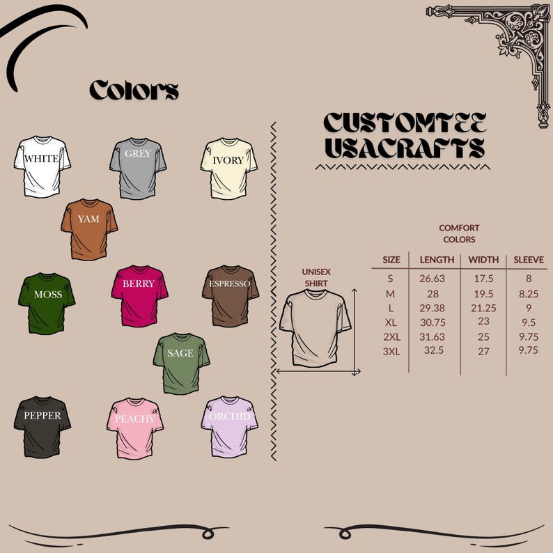 Op de afbeelding: Afbeelding met verschillende t-shirtkleuren: wit, grijs, ivoor, yam, mos, bes, espresso, salie, peper, perzik en orchidee. Er is ook een maattabel voor unisex shirts.