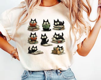 Comfort Colors® Black Cats & Books Shirt, Book Lover Gift, Librarian Shirt