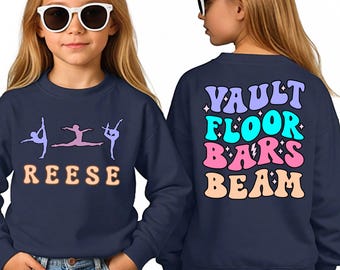 Personalized Name Gymnastics Vault Floor Bars Beam Sweatshirt, Custom Girls Gymnast Sweatshirt - Hoodie Gift for Gymnast,Youth & Adult Sizes
