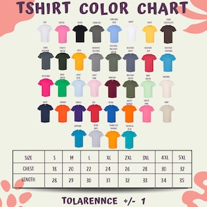 The image is a color chart for T-shirts, displaying various color options and corresponding sizes.