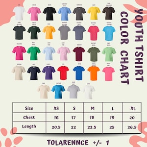 The image is a colorful t-shirt chart displaying various t-shirt designs and sizes, along with a table of size and length measurements.
