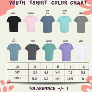 a youth t-shirt color chart with various t-shirt designs and corresponding sizes.