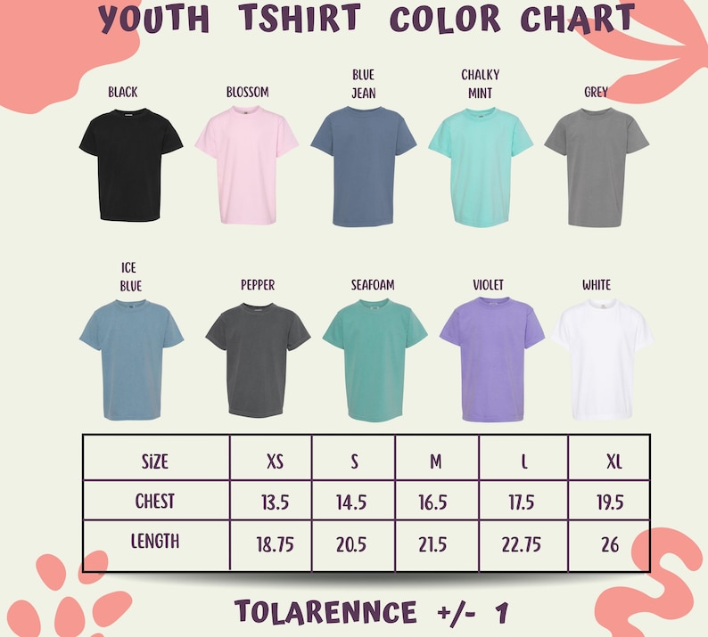 a youth t-shirt color chart with various t-shirt designs and corresponding sizes.