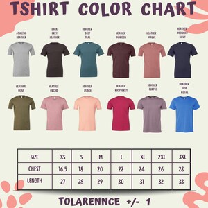 The image is a T-shirt color chart displaying various T-shirt designs in different colors, along with their corresponding sizes and necklines.