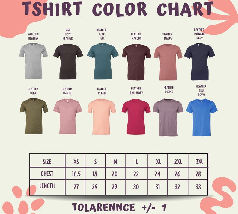 The image is a T-shirt color chart displaying various T-shirt designs in different colors, along with their corresponding sizes and necklines.