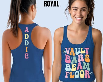 Personalized Name Gymnastics Vault Floor Bars Beam Ladies Tank Top, Custom Girls Gymnast Racerback Gift for Gymnastics Performer