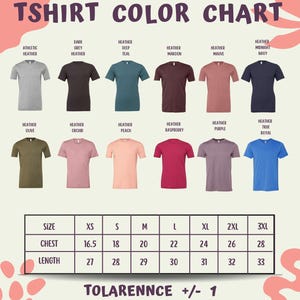 The image is a T-shirt color chart displaying various T-shirt designs in different colors, along with their corresponding sizes and necklines.