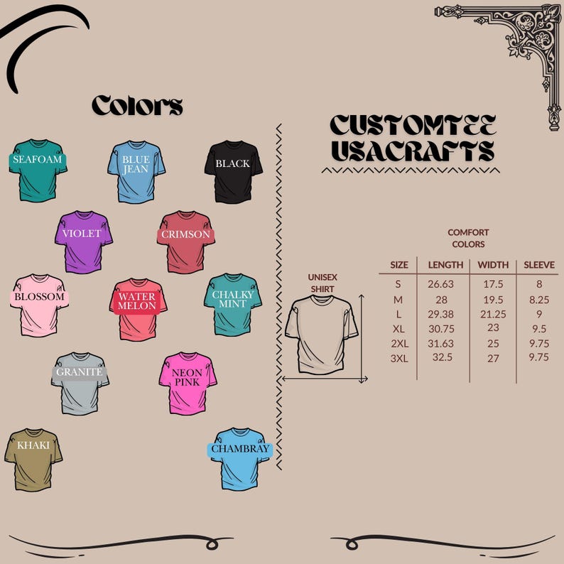 Op de afbeelding: Afbeelding met t-shirts in verschillende kleuren: Seafoam, Blue Jean, Zwart, Violet, Crimson, Blossom, Watermeloen, Chalky Mint, Graniet, Neonroze, Khaki en Chambray. Een maattabel toont de afmetingen in cm.