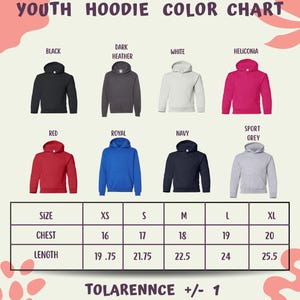 a color chart for youth hoodies, showing different color options and corresponding sizes.