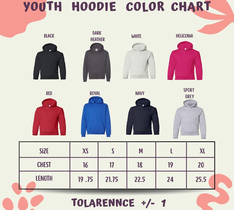 a color chart for youth hoodies, showing different color options and corresponding sizes.