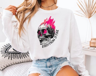 Everything is Fine Shirt, Retro Grunge Shirt, Sarcastic Shirt, Funny Skeleton Shirt, Festival Shirt, Comfort Colors®, Rebel Tee, Pink Flames
