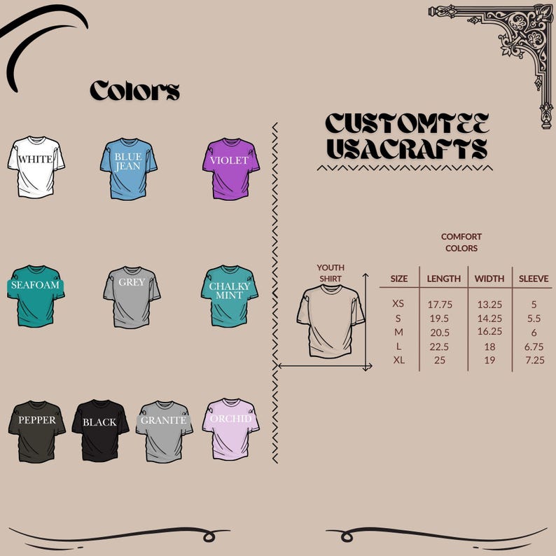 Op de afbeelding: Afbeelding met een verscheidenheid aan t-shirtkleuren, waaronder wit, blauwe spijkerbroek, violet, zeegroen, grijs, krijtmunt, peper, zwart, graniet en orchidee. Toont ook maten en afmetingen voor jeugdshirts.