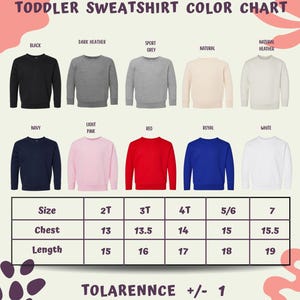 The image is a color chart for toddler sweatshirts, displaying various color options and corresponding sizes for different age groups.